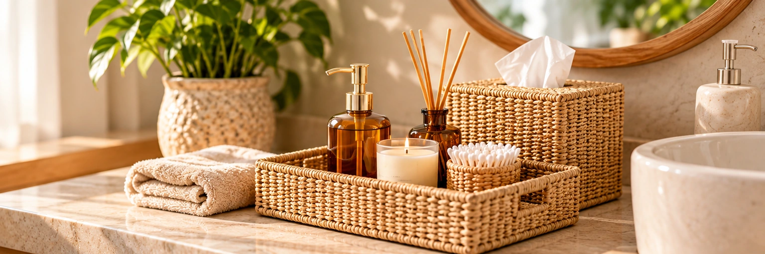Handwoven organizer styled in a warm home interior